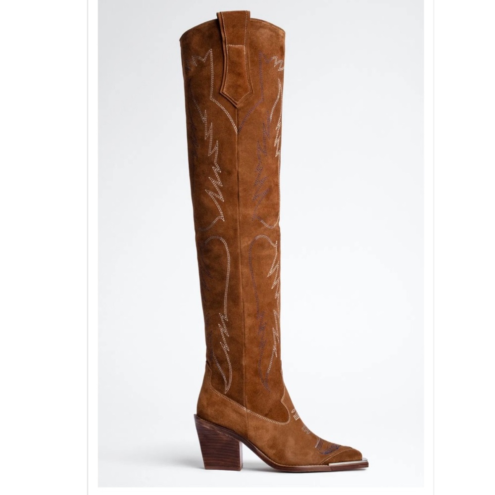Zadig & Voltaire Cara Suede Brown knee high western Boots 38EU